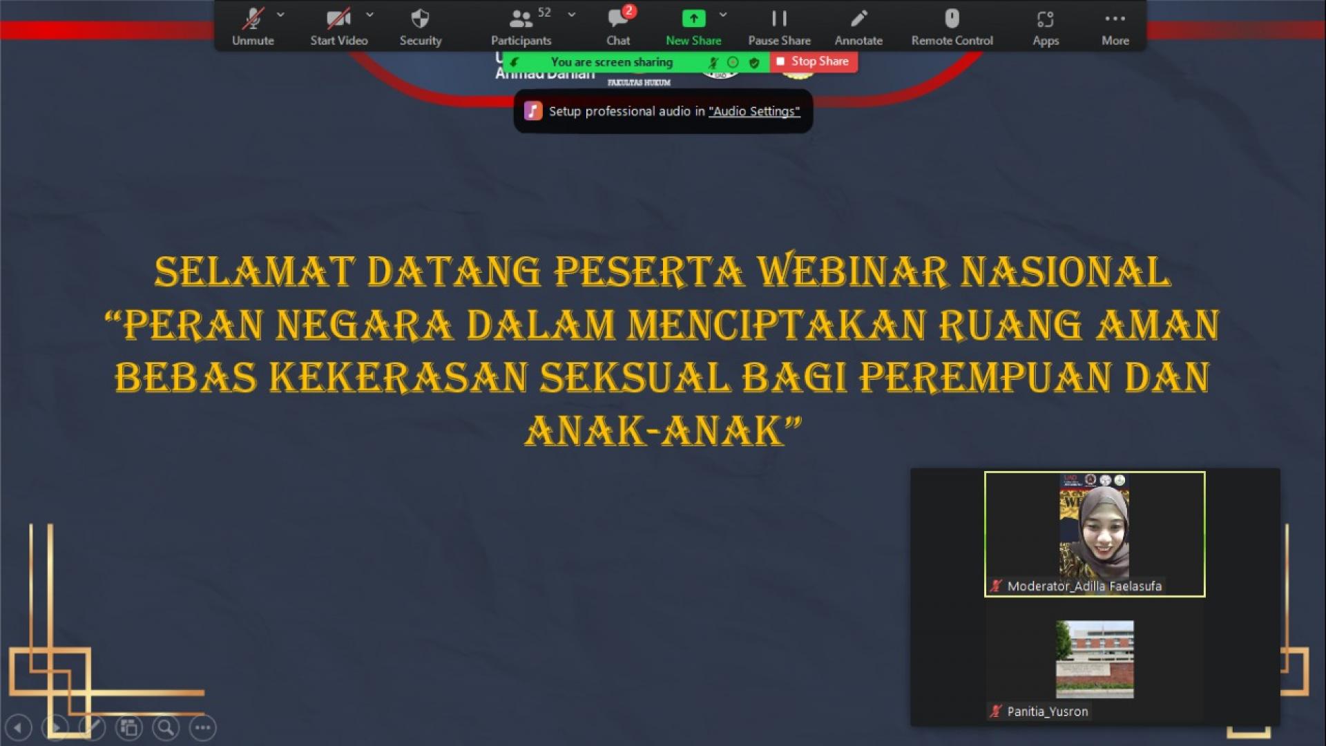 Gambar Webinar Nasional KPS dengan Tema “Peran Negara Dalam menciptakan Ruang Aman Bebas Kekerasan Seksual Bagi Perempuan dan Anak-Anak”